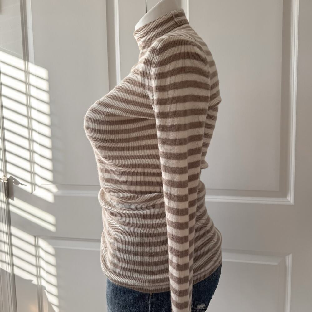 Vince Beige Tan White Striped Cashmere Long Sleeve Turtleneck Sweater Size Large - Picture 3 of 8